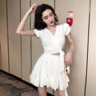 Set: Side Tie Short-sleeve T-shirt + High Waist Mini A-line Skirt