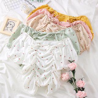 Drawstring Printed Crop Blouse