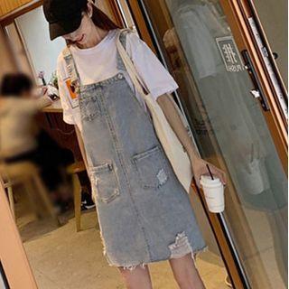 Distressed Denim Mini A-line Overall Dress