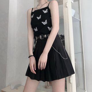 Butterfly Print Camisole Top / Pleated Mini A-line Skirt / Belt / Set