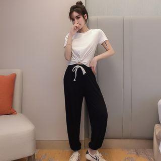 Set: Crew-neck Short-sleeve T-shirt + Drawstring Cropped Harem Pants