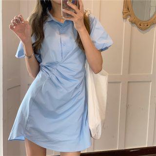 Short-sleeve Plain Slim-fit Shirtdress