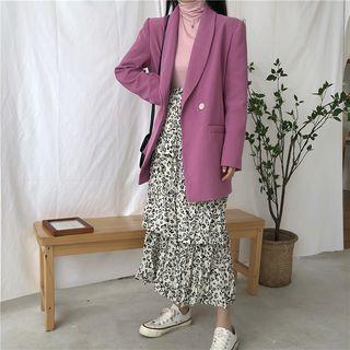 Button Blazer / Turtleneck Long-sleeve Top / Midi Layered Skirt