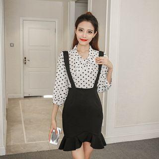 Set: Dotted Long-sleeve Chiffon Top + Mermaid Suspender Skirt