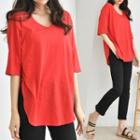 Slit-hem Elbow-sleeve Loose-fit T-shirt