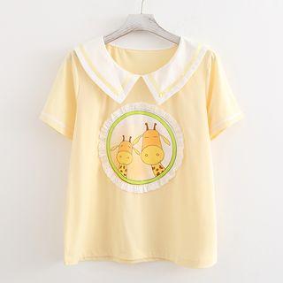 Giraffe Applique Sailor Collared Short-sleeve T-shirt