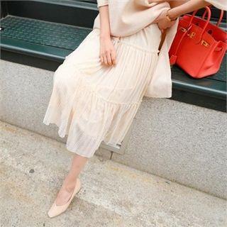 Band-waist Tulle-overlay Long Skirt