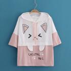 Cat Print Color-block Short Sleeve T-shirt