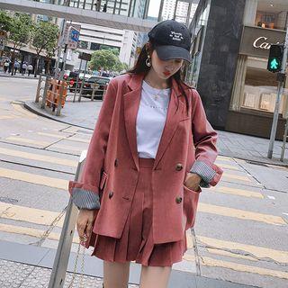 Set: Plain Double-breasted Blazer + Mini Pleated Skirt