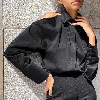 Long Sleeve Cut-out Plain Shirt