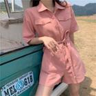 Plain Short-sleeve Cargo Playsuit Pink - One Size