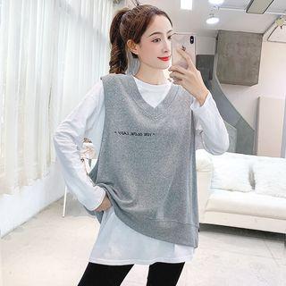 Long-sleeve Plain T-shirt + Lettering Vest