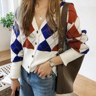 Argyle Wool Blend Knit Cardigan Blue - One Size