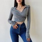 Long-sleeve Tie-waist Wrap Crop Knit Top