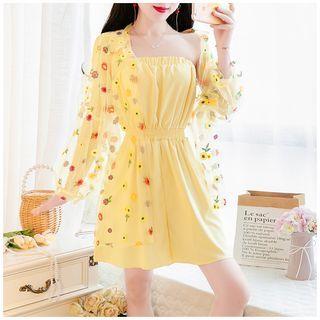 Set: Long-sleeve Floral Sheer Shirt + Strapless Wide-leg Playsuit