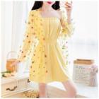 Set: Long-sleeve Floral Sheer Shirt + Strapless Wide-leg Playsuit