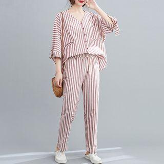 Set: Striped 3/4-sleeve Blouse + Straight-cut Pants