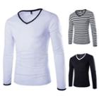 Long-sleeve Contrast Trim V-neck T-shirt