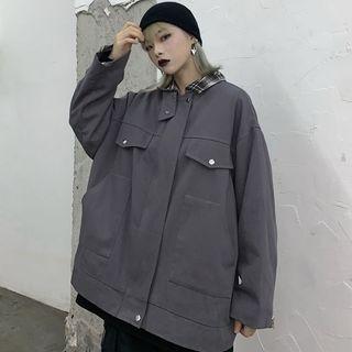 Plaid Panel Pocket Detail Zip Jacket