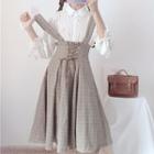 Lace Blouse / Plaid High Waist Suspender Skirt