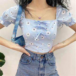 Daisy-print Ribbon Crop Top