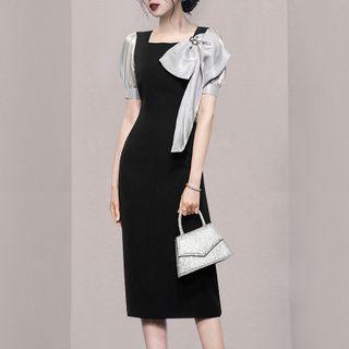 Short-sleeve Bow-front Midi Sheath Dress