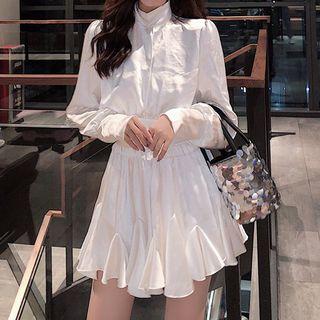 Set: Lantern-sleeve Open-back Blouse + Mini A-line Skirt