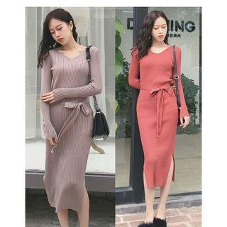 V-neck Side-slit Midi Knit Sheath Dress