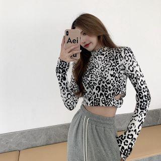 Leopard Mock-neck Long-sleeve T-shirt