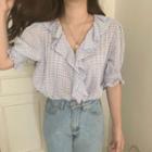 Plaid Short-sleeve Blouse Blue - One Size