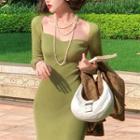 Long-sleeve Square Neck Knit Midi Sheath Dress / Sweater