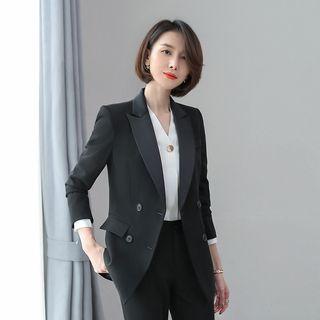 Double-breasted Blazer / Straight-cut Cropped Pants / Pencil Skirt / V-neck Blouse / Set