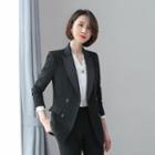 Double-breasted Blazer / Straight-cut Cropped Pants / Pencil Skirt / V-neck Blouse / Set