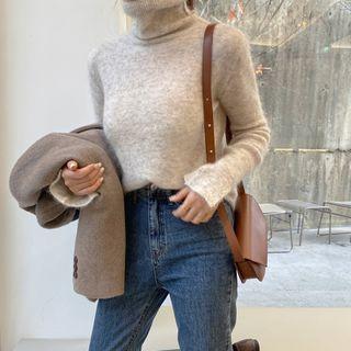 Turtle-neck Slit-sleeve Wool Blend Knit Top