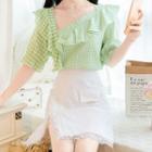 Plaid Ruffled Elbow-sleeve Blouse / Lace Trim Mini A-line Denim Skirt / Set