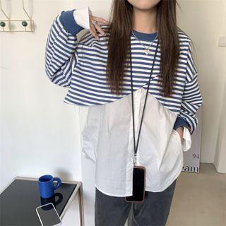 Mock Two-piece Long-sleeve Striped Panel Shirt