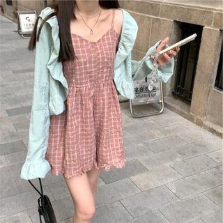 Strappy Plaid Romper / Light Jacket