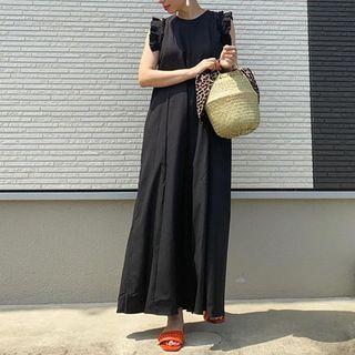 Sleeveless Ruffle Maxi Shift Dress Black - One Size