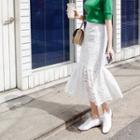 Band-waist Frill-hem Lace Long Skirt