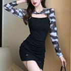 Tie-dye Print Panel Mock Two-piece Mini Bodycon Dress