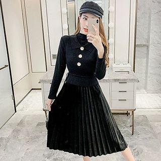 Set: Pleated Dress + Knit Vest