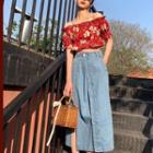 Puff-sleeve Off-shoulder Floral Blouse / Denim Slit Midi Pencil Skirt