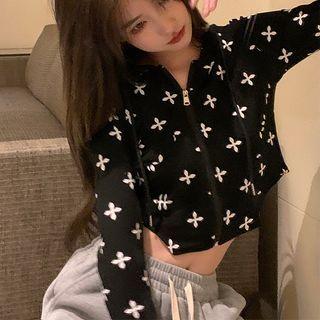 Cross Print Cropped Hooded Zip Jacket