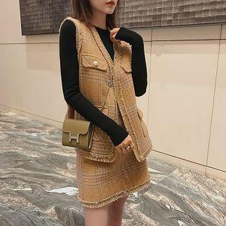 Double-breasted Plaid Vest / Mini A-line Skirt