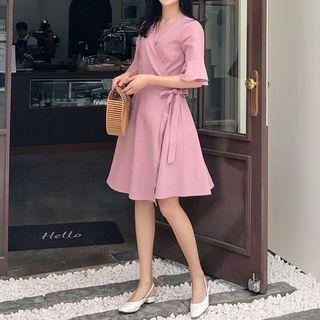 Ruffle-sleeve Wrap-front Linen Blend Dress