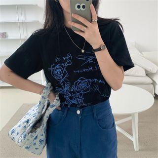 Short-sleeve Floral Print T-shirt Black - One Size