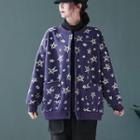 Star Print Button-up Jacket Fleece Lined - Purplish Blue - One Size