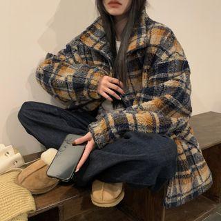 Plaid Zip Jacket Dark Blue & Beige - One Size