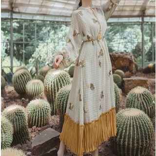 Flower Embroidered Checked Long-sleeve Midi A-line Dress