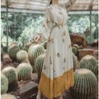 Flower Embroidered Checked Long-sleeve Midi A-line Dress